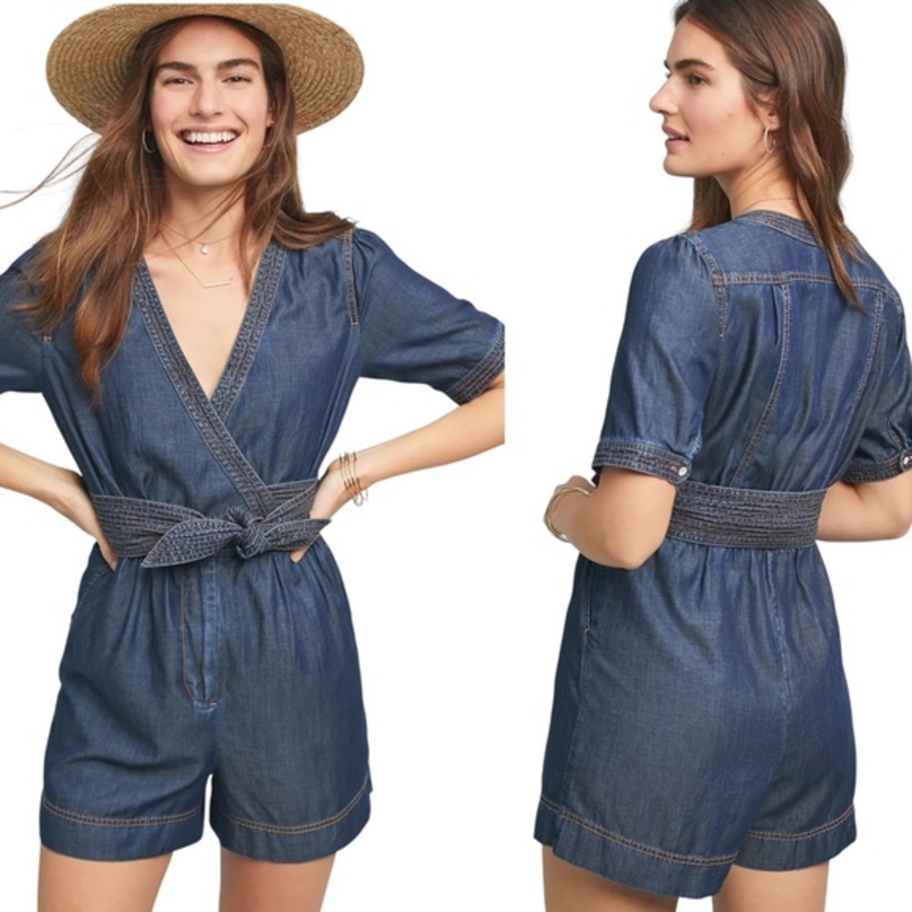 Pilcro by Anthropologie Blue Chambray Denim Tie‎ Waist Wrap Bodice V-Neck Romper